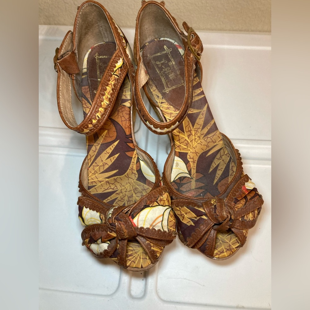 Brown Floral Wedge Sandals with Ankle Strap - Picture 2 of 11